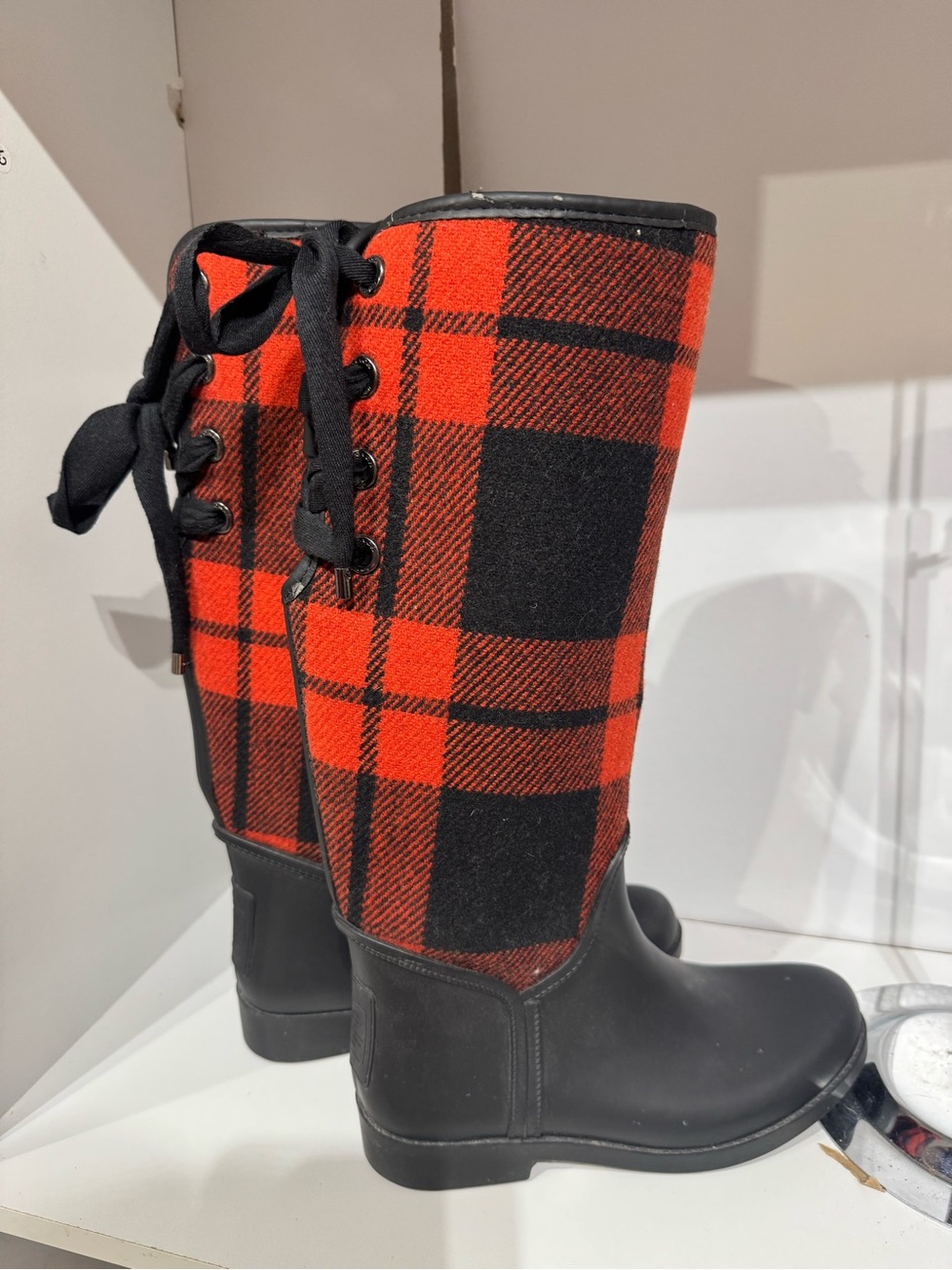 Coach Red and Black Plaid Lace-Up Rain Boots